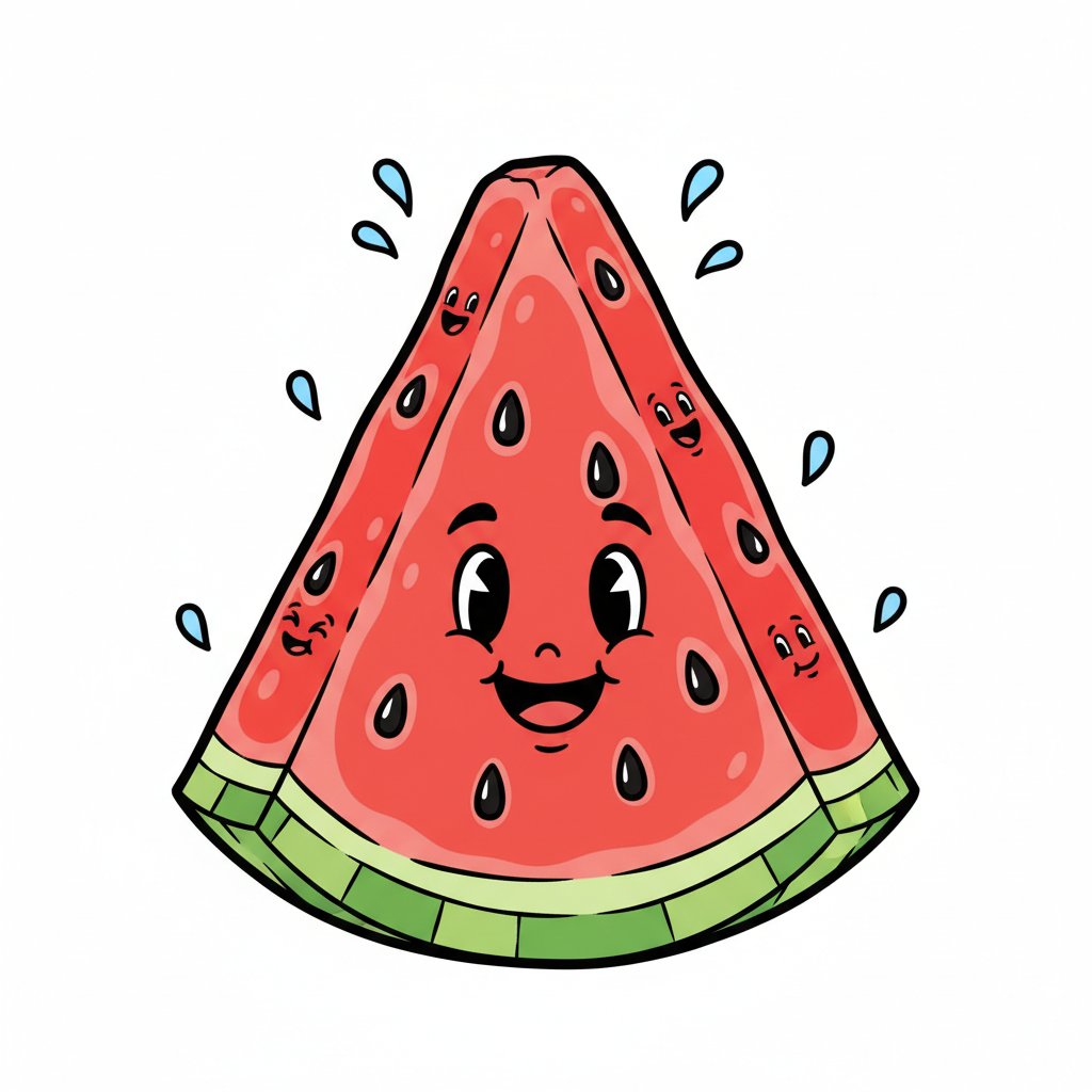 Pyszny kawałek arbuza z pestkami, idealny na gorący letni dzień, kolorowanka dla dzieci, czarne kontury, białe tło.