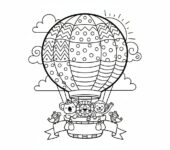 Kolorowy balon na gorące powietrze unoszący się na czystym letnim niebie, kolorowanka dla dzieci, czarne kontury, biał...