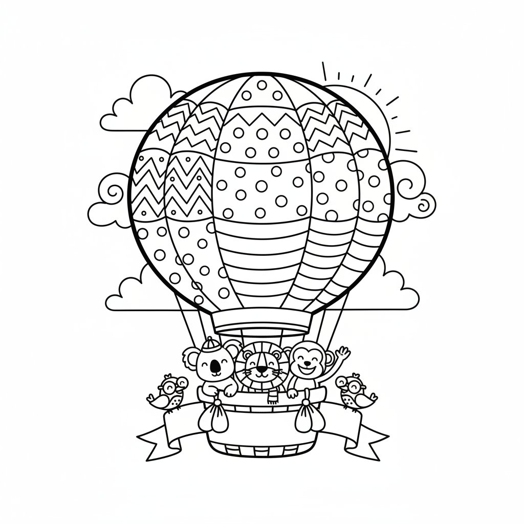 Kolorowy balon na gorące powietrze unoszący się na czystym letnim niebie, kolorowanka dla dzieci, czarne kontury, biał...