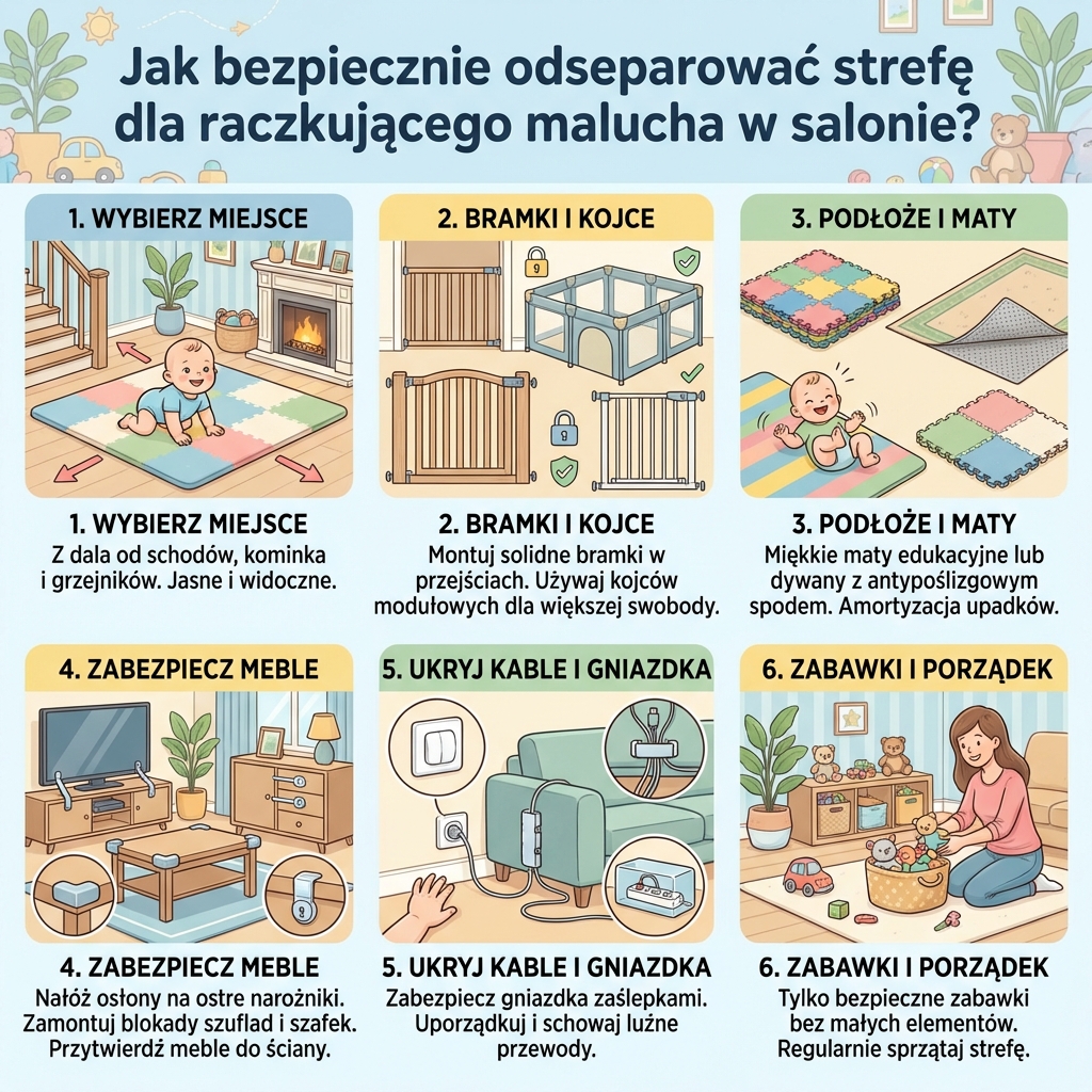 Infografika dla rodziców przedstawiająca praktyczne porady, jak bezpiecznie wydzielić strefę do raczkowania dla niemow...