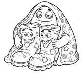 Ciepła para zimowych butów i gruby koc, kolorowanka dla dzieci, czarne kontury, białe tło.