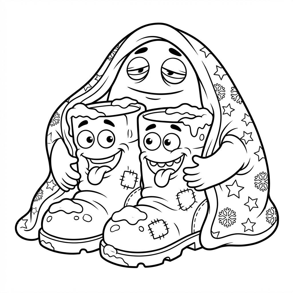 Ciepła para zimowych butów i gruby koc, kolorowanka dla dzieci, czarne kontury, białe tło.