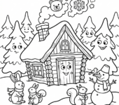 Przytulna zimowa chata w ośnieżonym lesie, z dymem unoszącym się z komina, kolorowanka dla dzieci, czarne kontury, bia...