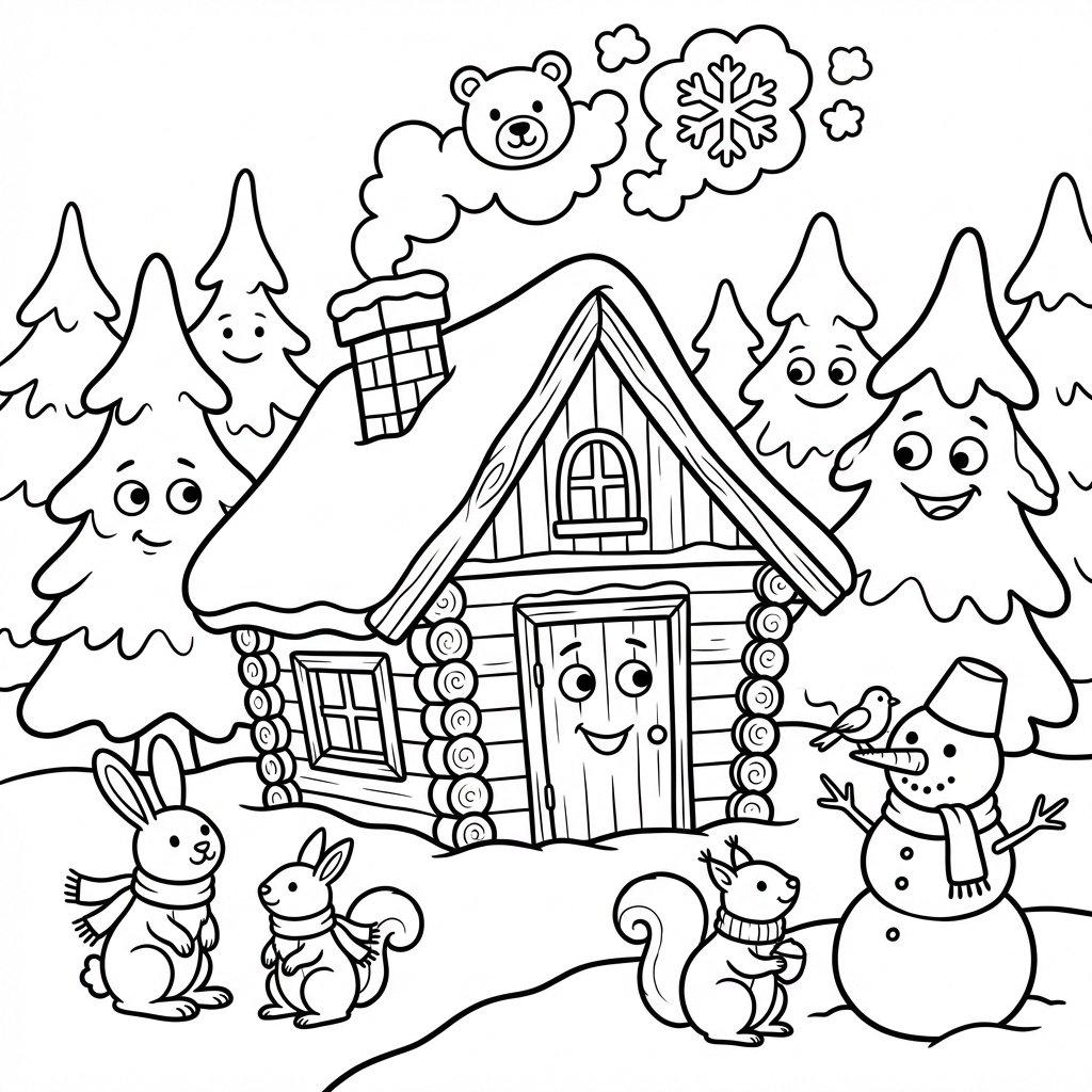 Przytulna zimowa chata w ośnieżonym lesie, z dymem unoszącym się z komina, kolorowanka dla dzieci, czarne kontury, bia...