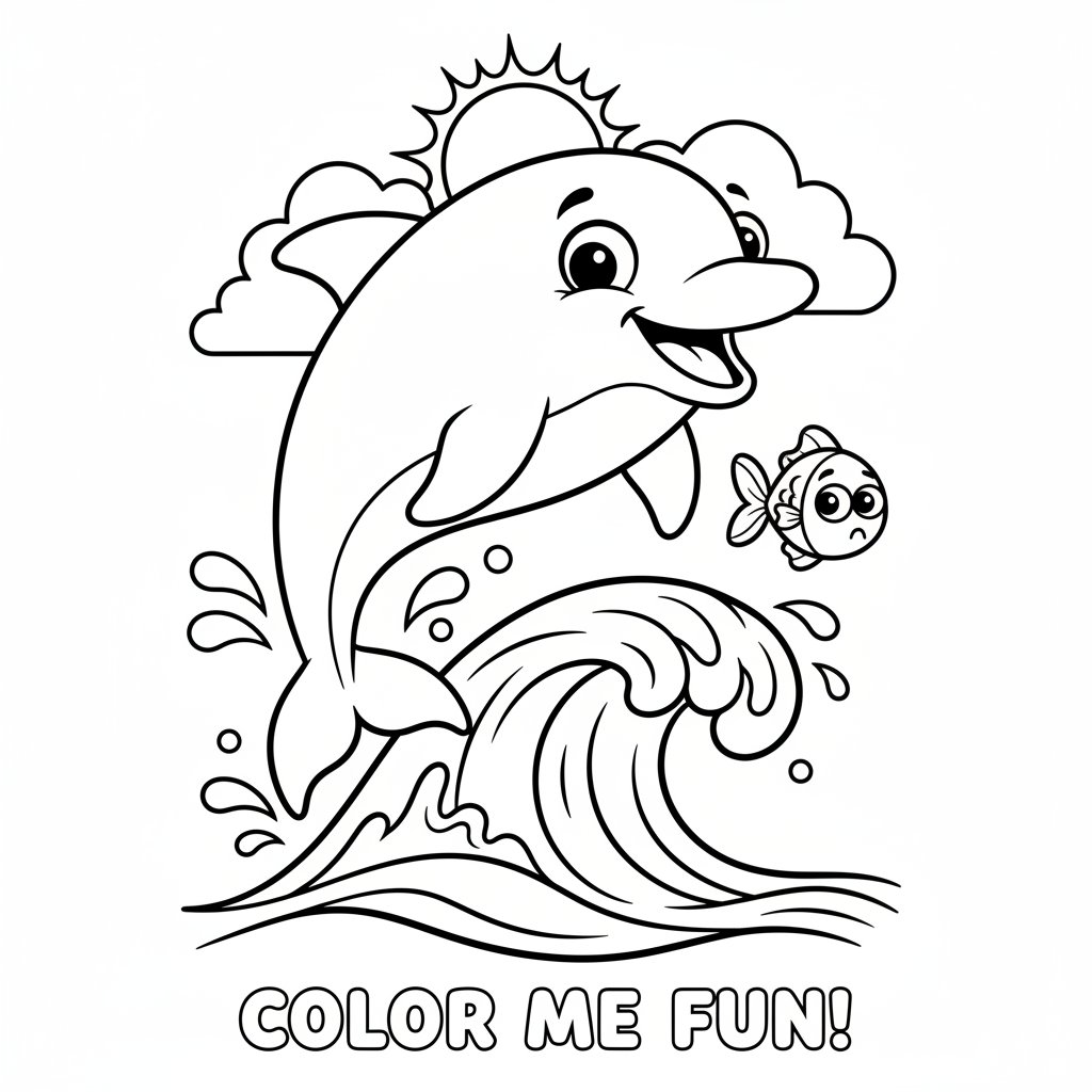 Rozbrykany delfin wyskakujący z fal, kolorowanka dla dzieci, czarne kontury, białe tło.