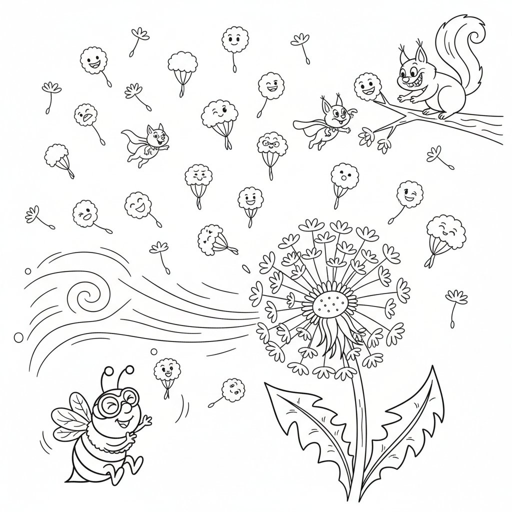 Delikatny wietrzyk zdmuchujący dmuchawce, z nasionami unoszącymi się w powietrzu, kolorowanka dla dzieci, czarne kontur...