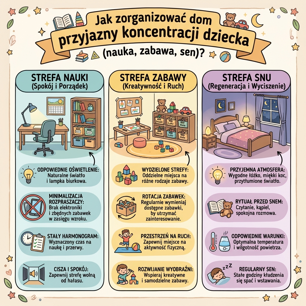 Infografika dla rodziców: jak zorganizować dom sprzyjający koncentracji dziecka w strefach nauki, zabawy i snu – prak...