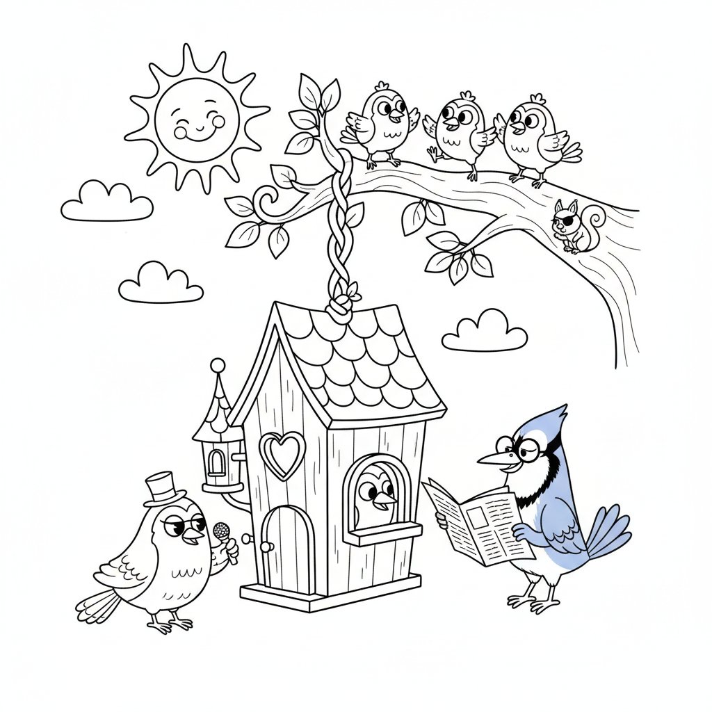 Uroczy domek dla ptaków wiszący na gałęzi drzewa z ptaszkami, kolorowanka dla dzieci, czarne kontury, białe tło.