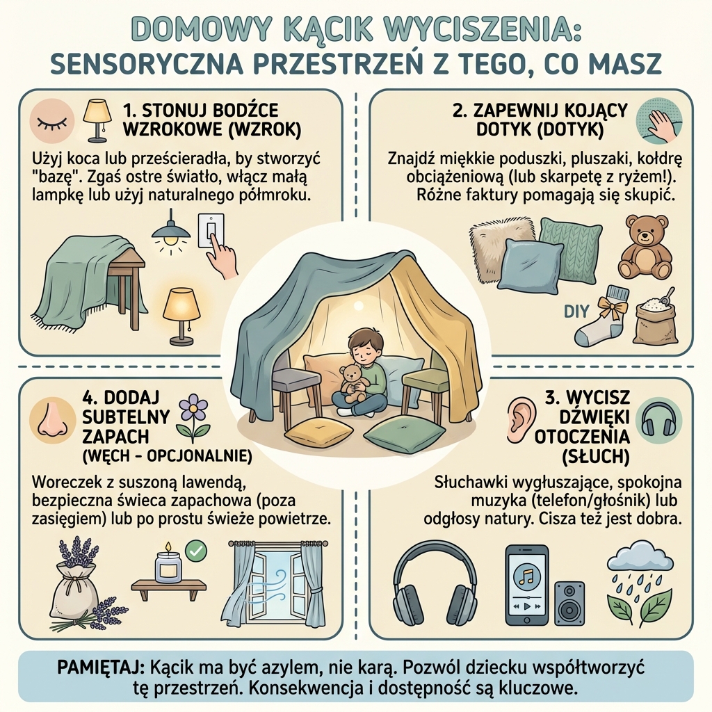 Infografika dla rodziców: jak urządzić domowy sensoryczny kącik wyciszenia dla dziecka, wykorzystując dostępne przed...