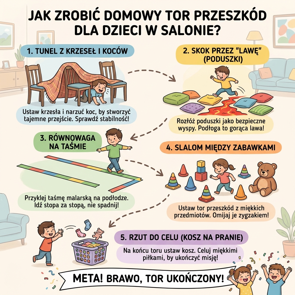 Infografika przedstawiająca kreatywne pomysły i instrukcję krok po kroku, jak przygotować bezpieczny domowy tor przesz...