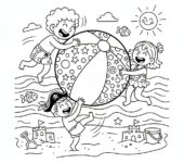 Dzieci bawiące się kolorową piłką plażową nad oceanem, kolorowanka dla dzieci, czarne kontury, białe tło.