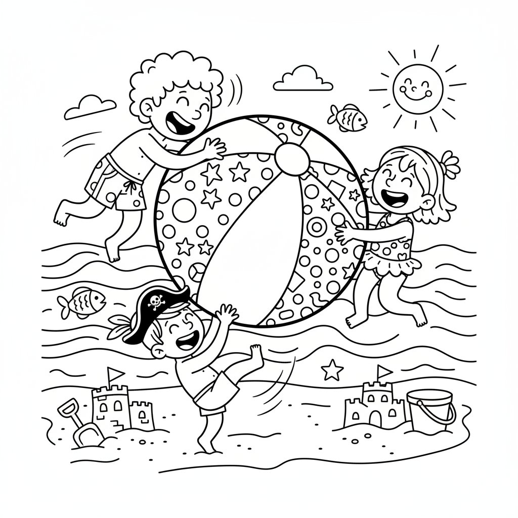 Dzieci bawiące się kolorową piłką plażową nad oceanem, kolorowanka dla dzieci, czarne kontury, białe tło.
