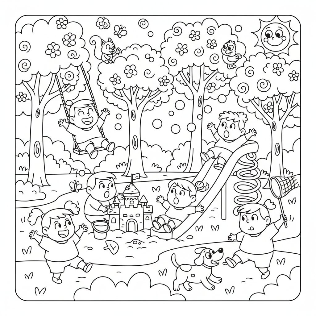 Grupa wesołych dzieci bawiących się w parku z kwitnącymi drzewami, kolorowanka dla dzieci, czarne kontury, białe tło.