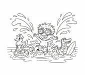 Dziecko pluskające się w basenie z dmuchanymi zabawkami, kolorowanka dla dzieci, czarne kontury, białe tło.