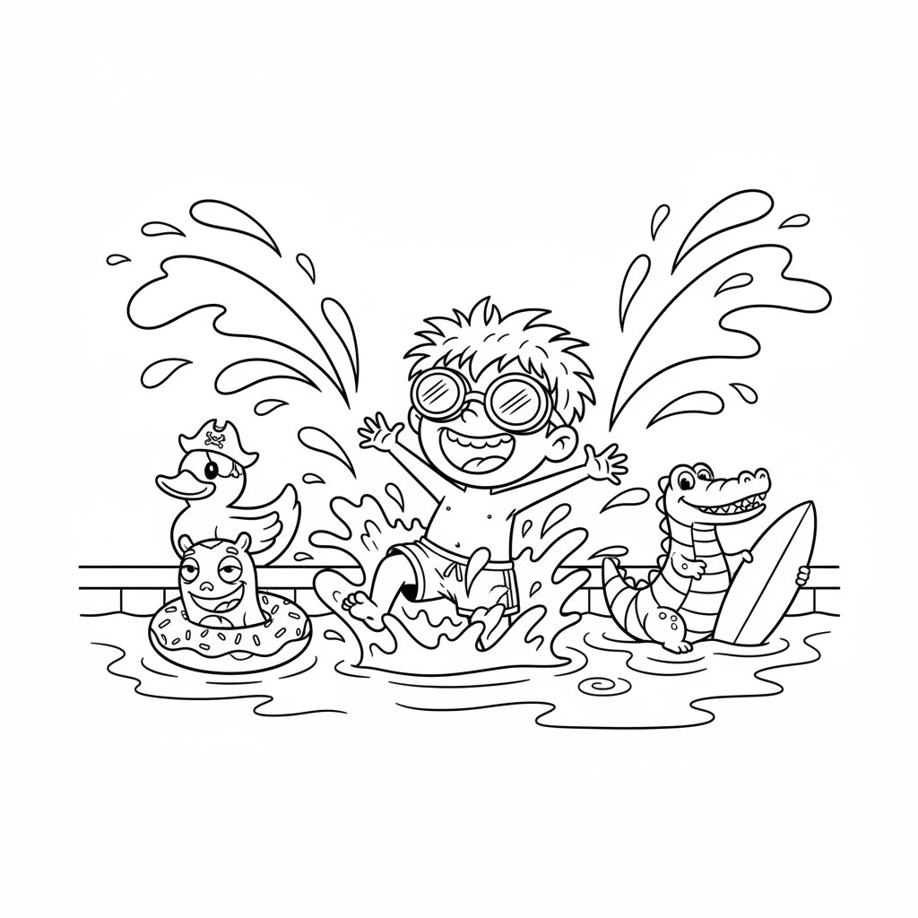 Dziecko pluskające się w basenie z dmuchanymi zabawkami, kolorowanka dla dzieci, czarne kontury, białe tło.