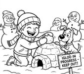 Dziecko budujące miniaturowe igloo w śniegu, kolorowanka dla dzieci, czarne kontury, białe tło.