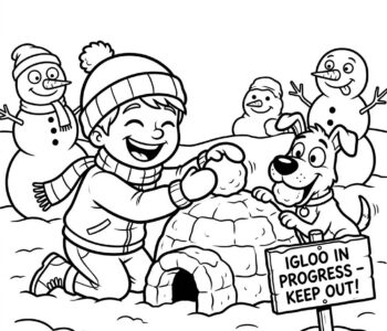 Dziecko budujące miniaturowe igloo w śniegu, kolorowanka dla dzieci, czarne kontury, białe tło.