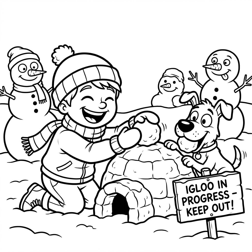 Dziecko budujące miniaturowe igloo w śniegu, kolorowanka dla dzieci, czarne kontury, białe tło.