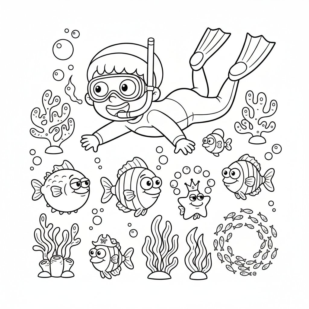 Dziecko nurkujące i obserwujące kolorowe ryby pod wodą, kolorowanka dla dzieci, czarne kontury, białe tło.