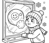 Dziecko dmuchające ciepłym oddechem na oszronioną szybę, tworzące kształty, kolorowanka dla dzieci, czarne kontury, ...