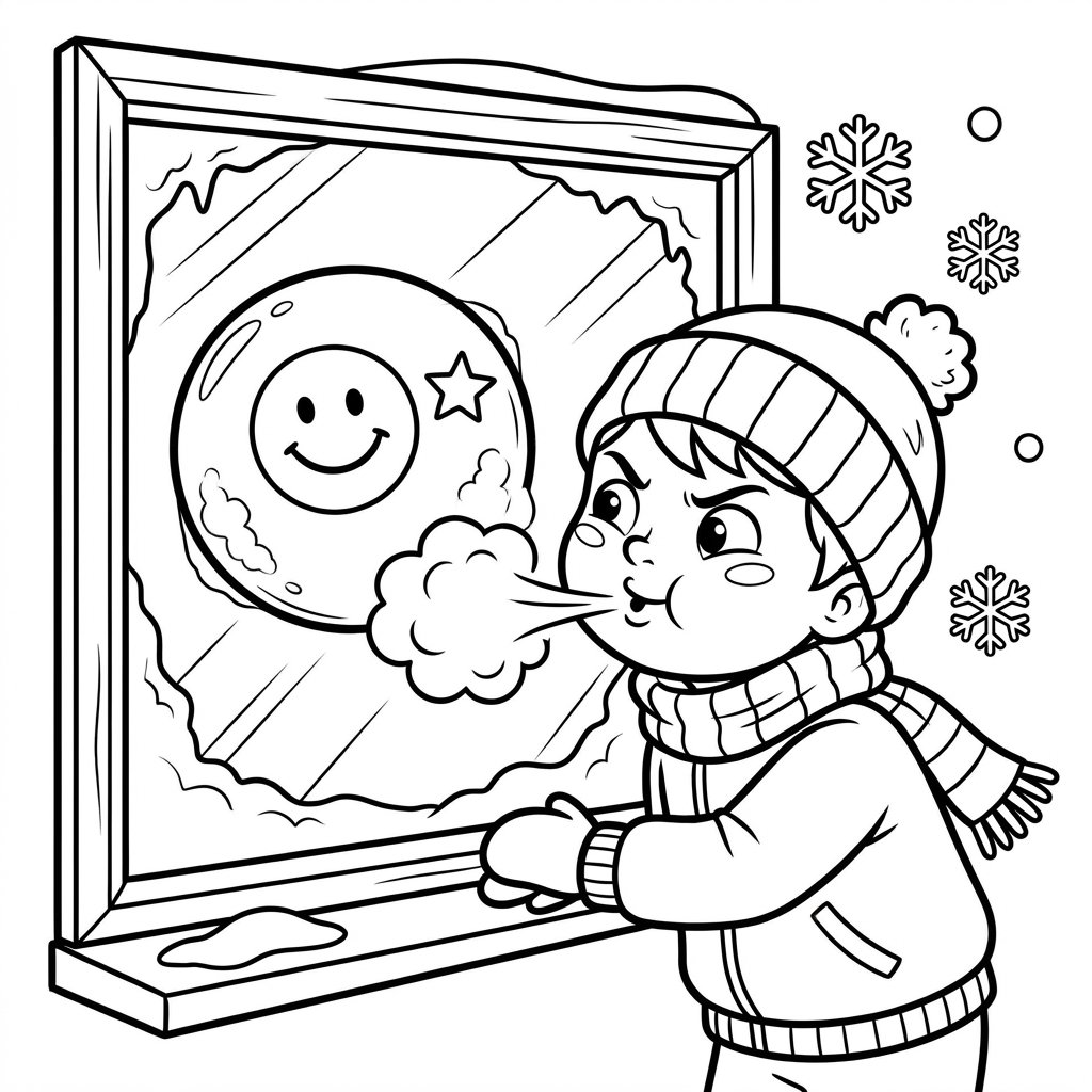 Dziecko dmuchające ciepłym oddechem na oszronioną szybę, tworzące kształty, kolorowanka dla dzieci, czarne kontury, ...