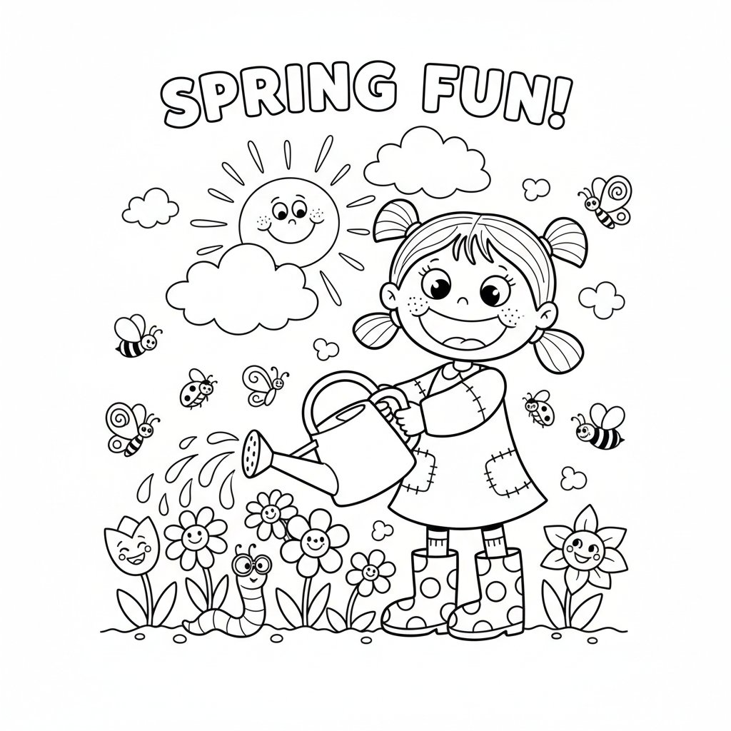 Szczęśliwa mała dziewczynka trzymająca konewkę, podlewająca wiosenne kwiaty, kolorowanka dla dzieci, czarne kontury,...