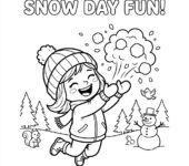 Szczęśliwa mała dziewczynka rzucająca garścią śniegu w powietrze, kolorowanka dla dzieci, czarne kontury, białe tło.