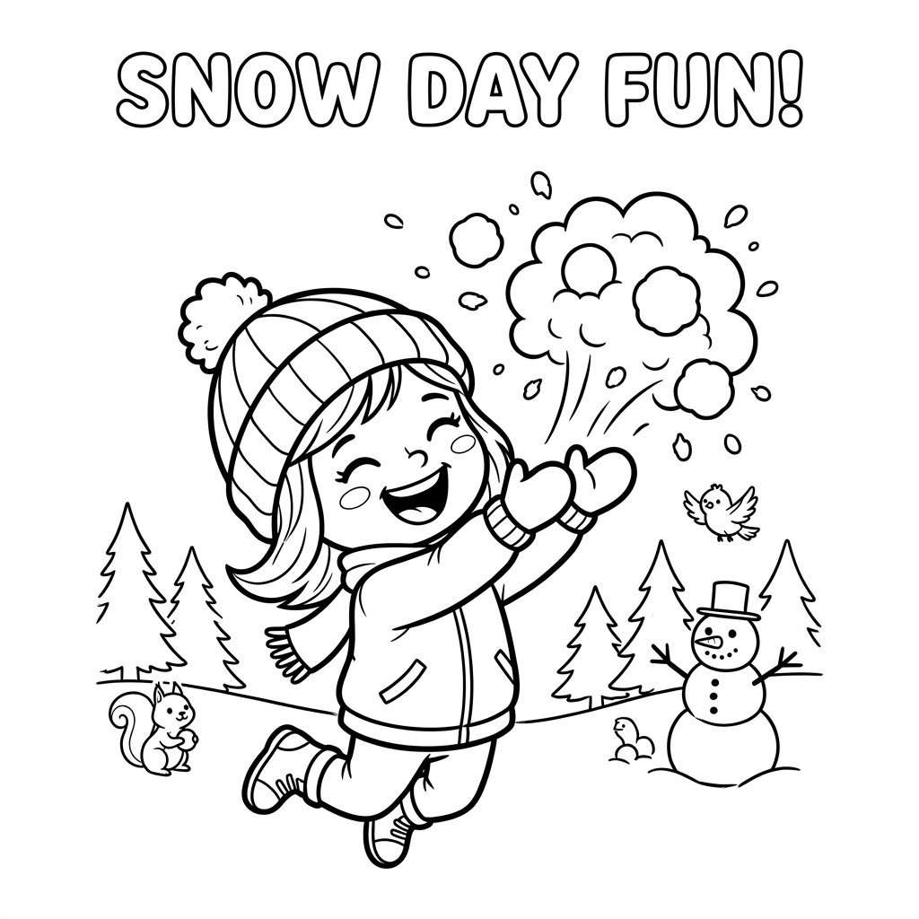 Szczęśliwa mała dziewczynka rzucająca garścią śniegu w powietrze, kolorowanka dla dzieci, czarne kontury, białe tło.