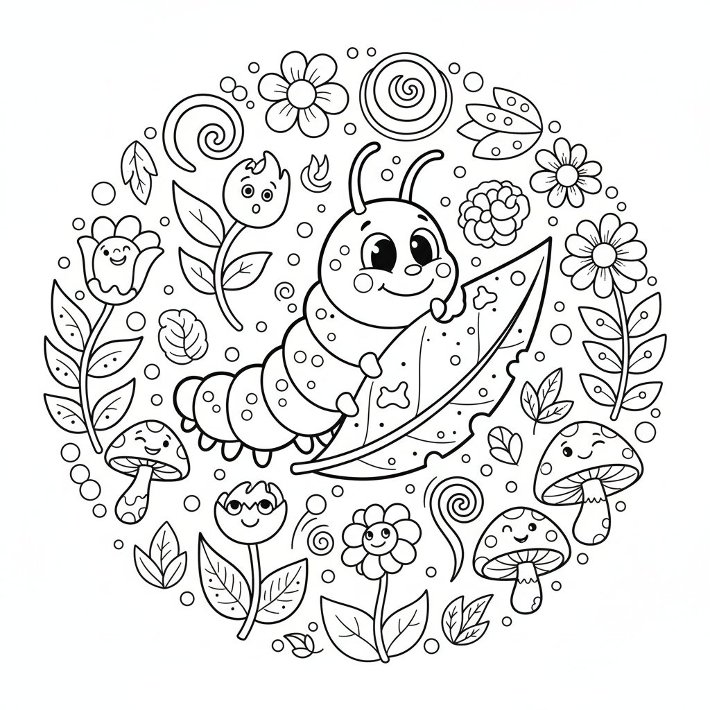 Urocza gąsienica żerująca na liściu, otoczona wiosenną roślinnością, kolorowanka dla dzieci, czarne kontury, biał...