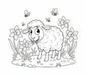 Urocze jagnię pasące się na zielonej łące z żonkilami, kolorowanka dla dzieci, czarne kontury, białe tło.