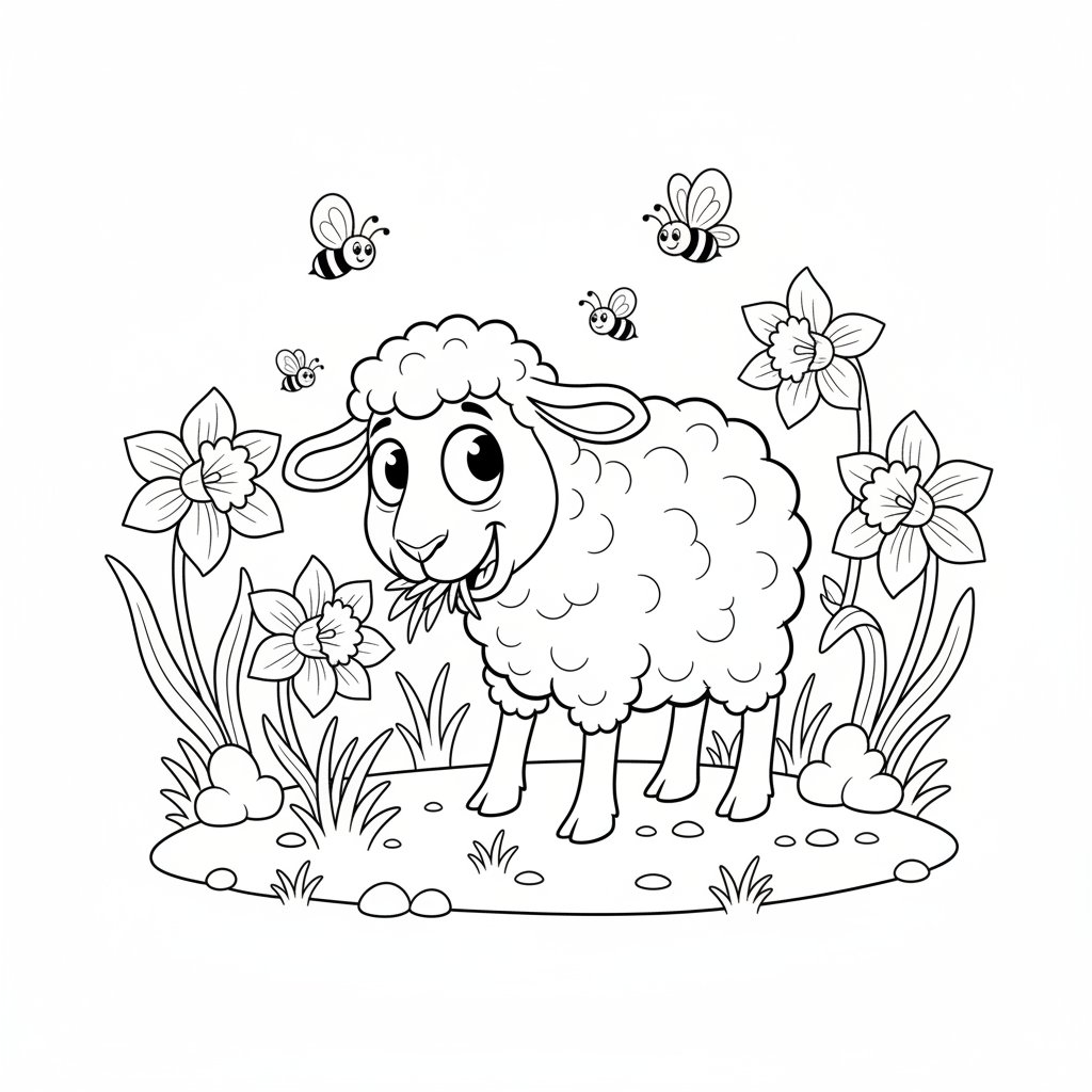 Urocze jagnię pasące się na zielonej łące z żonkilami, kolorowanka dla dzieci, czarne kontury, białe tło.