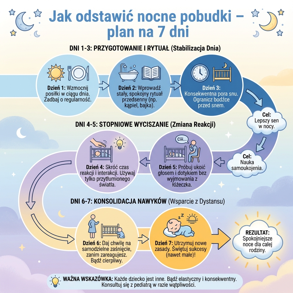 Infografika dla rodziców: Jak odstawić nocne pobudki w 7 dni – praktyczny plan i skuteczne porady dla niemowląt oraz ...
