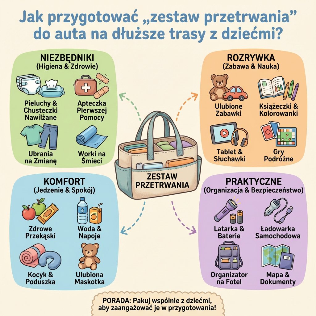 Infografika dla rodziców: Jak przygotować zestaw przetrwania do auta na podróż z dziećmi – praktyczne porady i list...