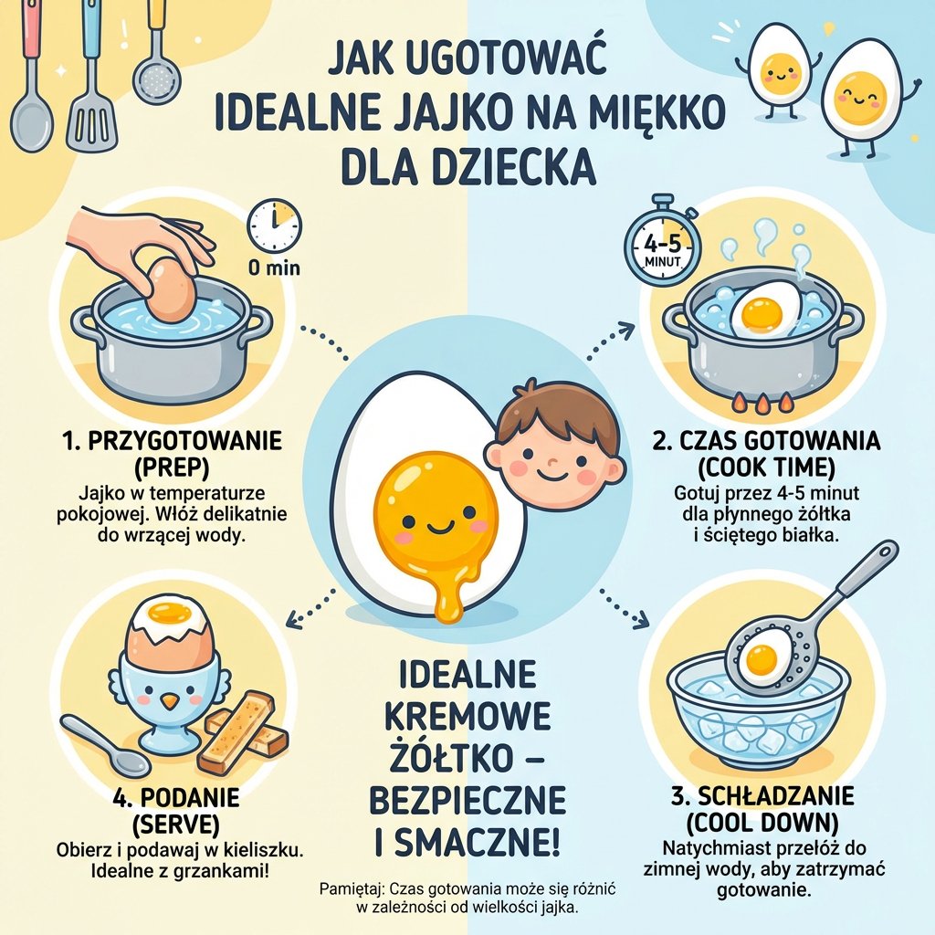 Infografika poradnikowa dla rodziców przedstawiająca krok po kroku sprawdzony sposób na idealne jajko na miękko z pły...