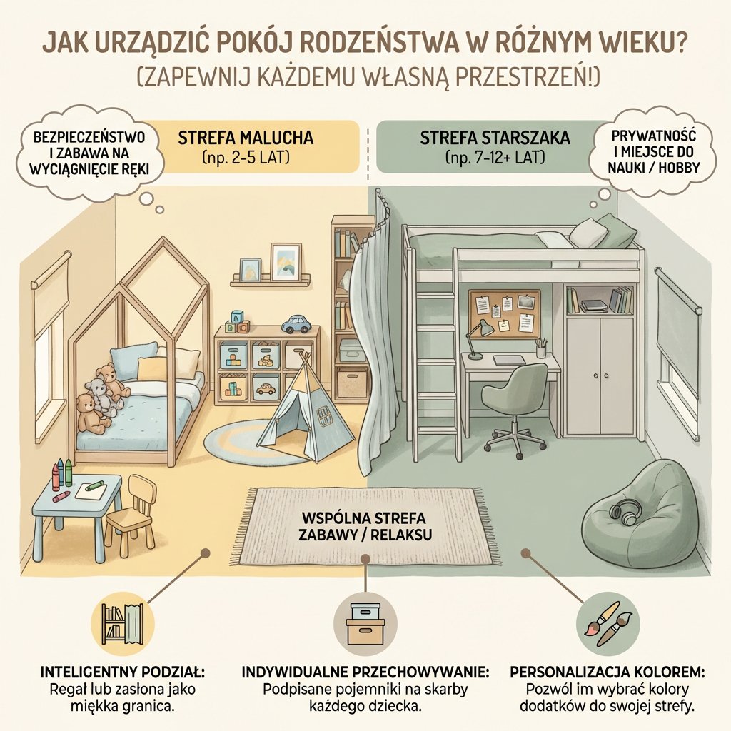 Infografika dla rodziców: jak urządzić wspólny pokój dla rodzeństwa w różnym wieku, by zapewnić każdemu dziecku ...