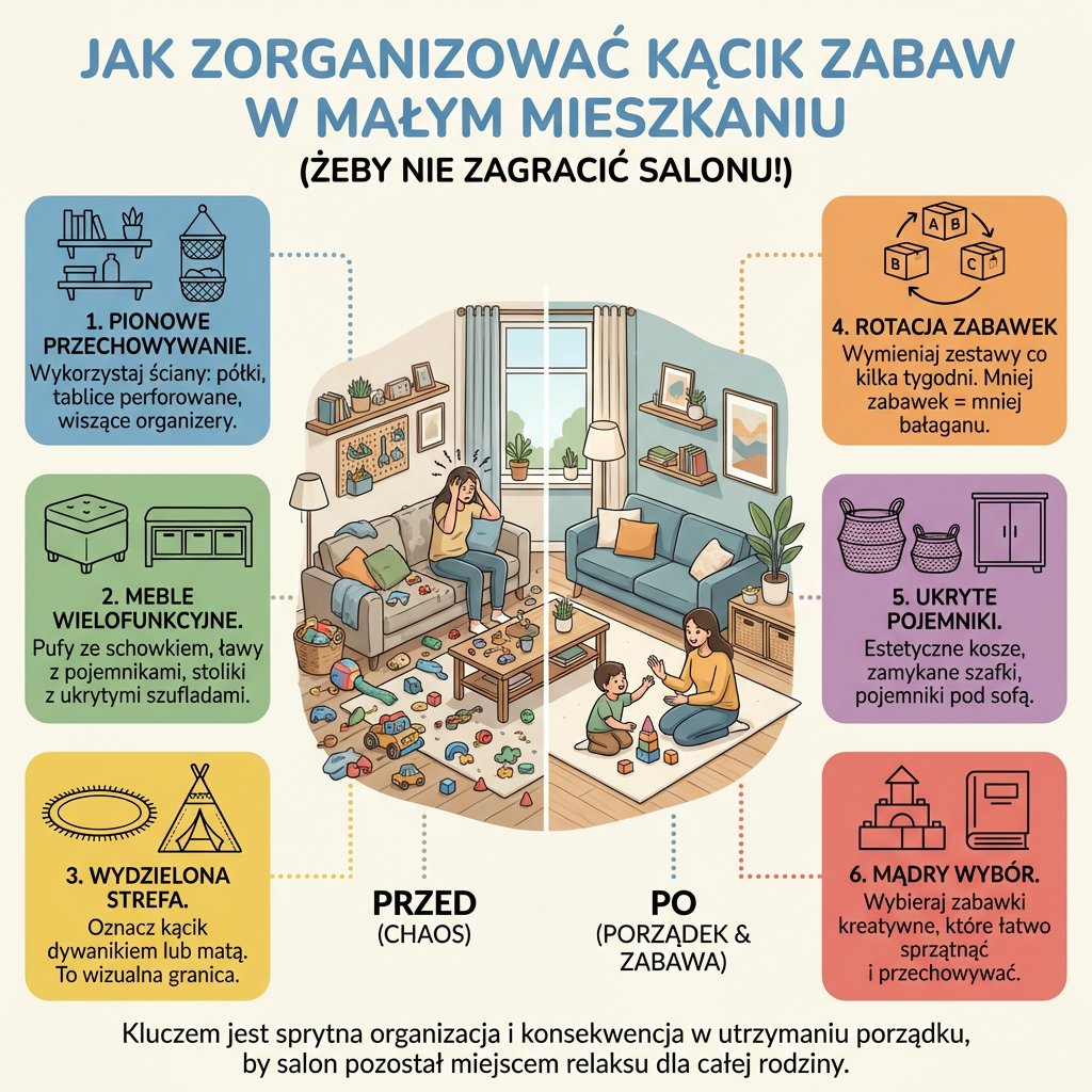 Infografika dla rodziców: jak urządzić kącik zabaw w małym mieszkaniu i zachować porządek w salonie dzięki sprytny...