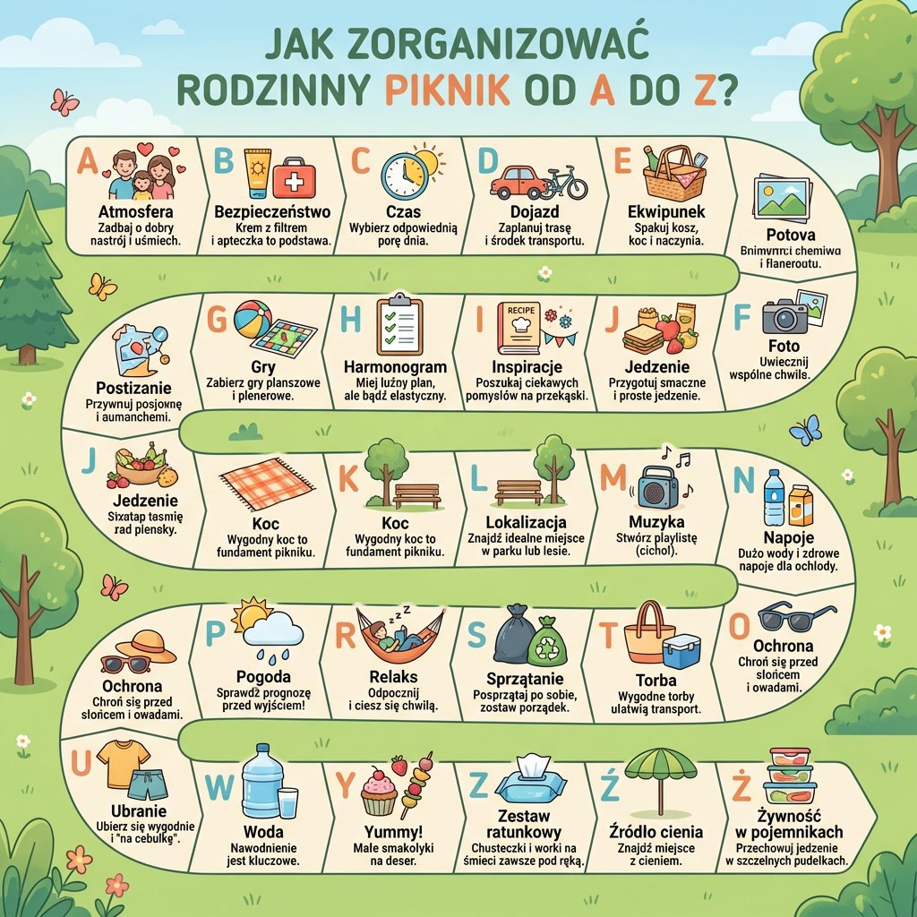 Infografika dla rodziców: Jak zorganizować rodzinny piknik od A do Z – praktyczny poradnik krok po kroku na udany wyja...