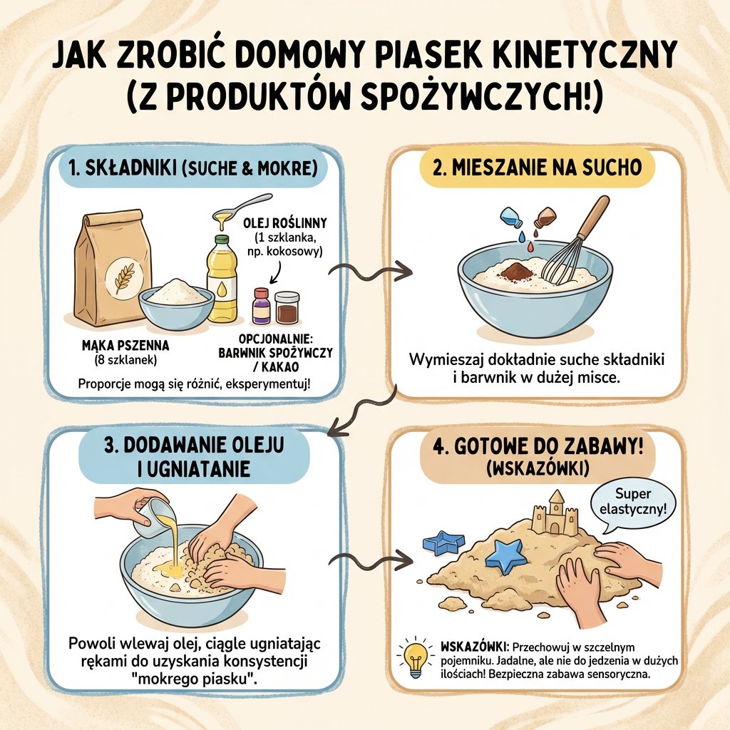 Infografika przedstawiająca prosty przepis krok po kroku, jak zrobić bezpieczny domowy piasek kinetyczny z produktów sp...