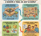 Infografika dla rodziców przedstawiająca kreatywne kroki, jak zrobić własne gry planszowe z dziećmi z domowych materi...