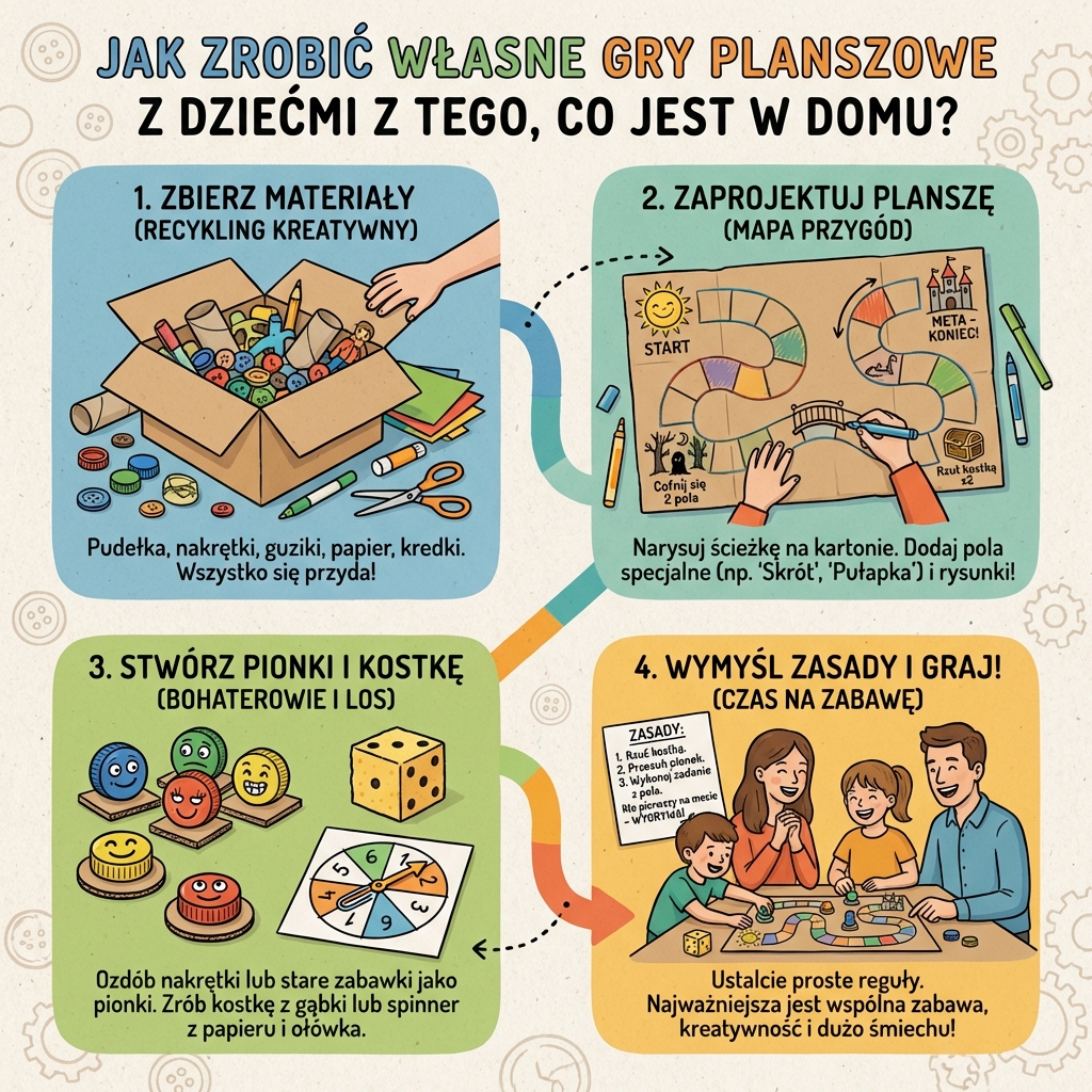 Infografika dla rodziców przedstawiająca kreatywne kroki, jak zrobić własne gry planszowe z dziećmi z domowych materi...