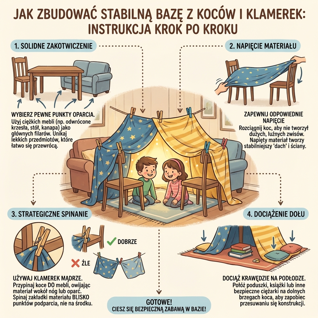 Infografika dla rodziców: jak zbudować stabilny namiot z koców i klamerek dla dzieci – instrukcja krok po kroku bez r...