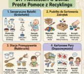 Infografika przedstawiająca kreatywne sposoby na proste pomoce Montessori DIY wykonane z materiałów recyklingowych dla ...