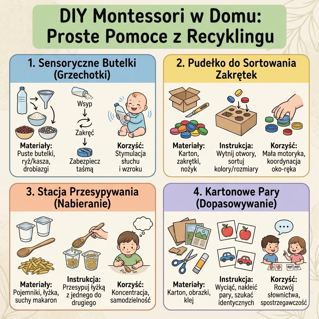 Infografika przedstawiająca kreatywne sposoby na proste pomoce Montessori DIY wykonane z materiałów recyklingowych dla ...