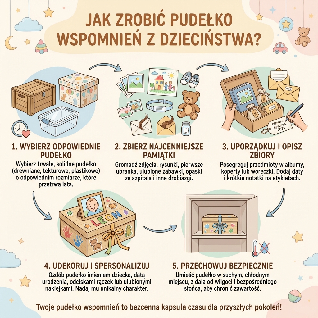 Infografika dla rodziców: Jak zrobić pudełko wspomnień z dzieciństwa na pamiątki, zdjęcia i rysunki dziecka – por...