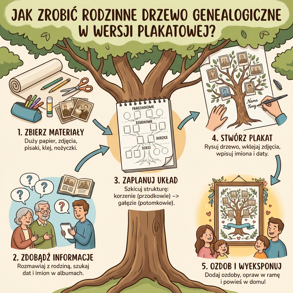 Infografika przedstawiająca kroki, jak zrobić rodzinne drzewo genealogiczne w wersji plakatowej, idealna dla rodziców i...
