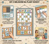 Infografika przedstawiająca krok po kroku, jak zrobić kreatywny rodzinny kalendarz ścienny DIY z miejscem na plany dzie...