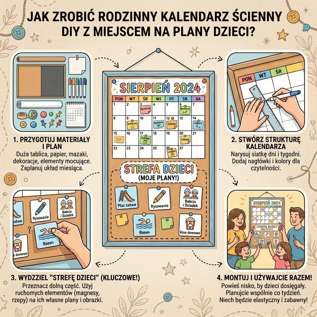 Infografika przedstawiająca krok po kroku, jak zrobić kreatywny rodzinny kalendarz ścienny DIY z miejscem na plany dzie...