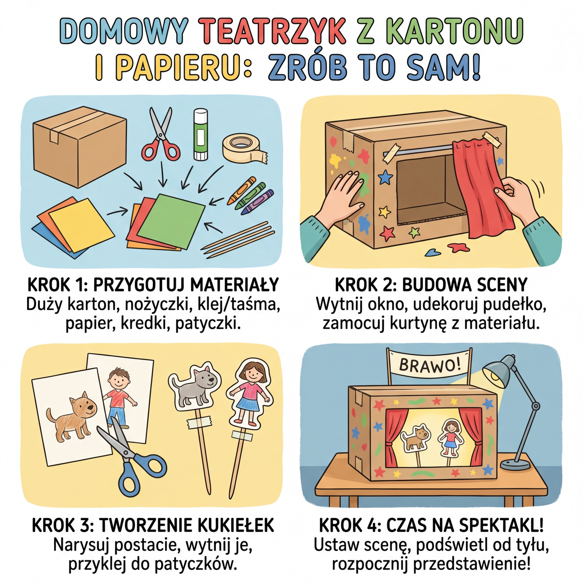 Infografika instruktażowa dla rodziców: jak zrobić domowy teatrzyk z kartonu i papierowe kukiełki krok po kroku, kreat...