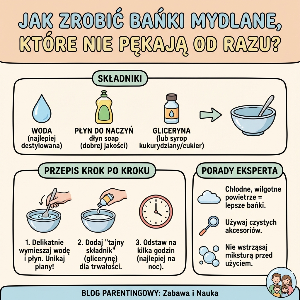 Infografika dla rodziców: prosty przepis krok po kroku, jak zrobić trwałe i mocne bańki mydlane, które nie pękają o...