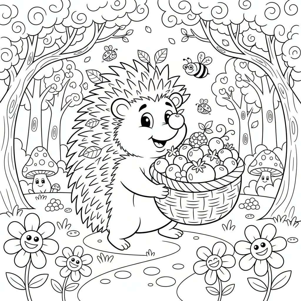 Uroczy jeż zbierający jagody w wiosennym lesie, kolorowanka dla dzieci, czarne kontury, białe tło.